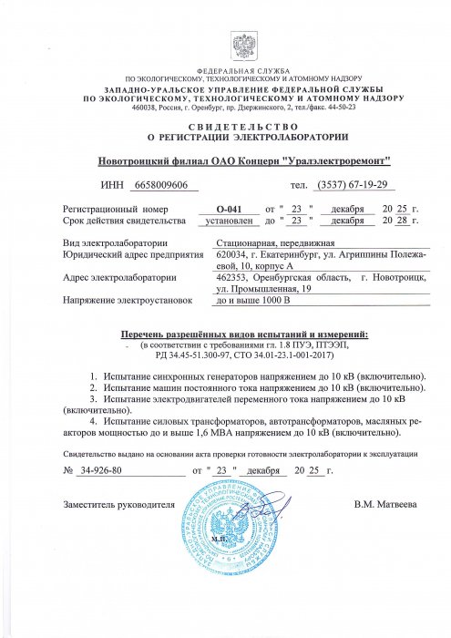 Электролаборатория Новотроицкого филиала